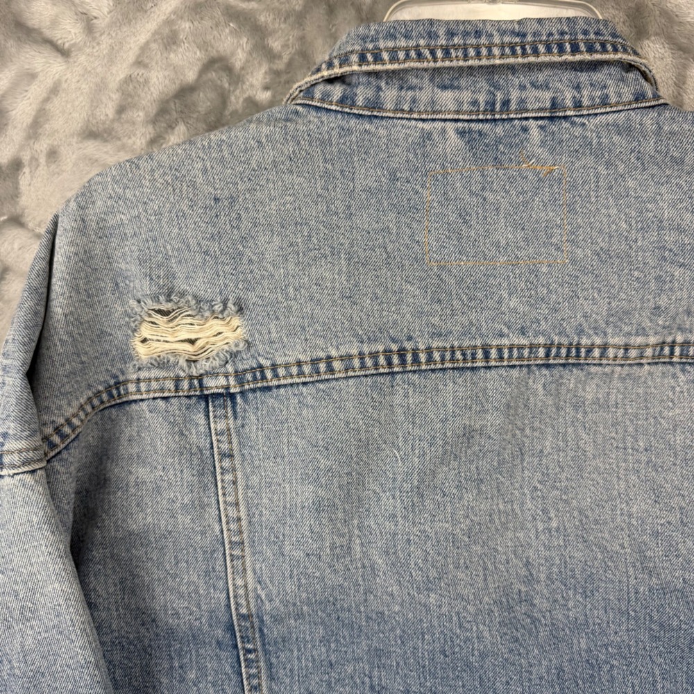 H&M &Denim Womens Light Wash Distressed Cropped Jean Jacket Blue Small Bikercore - Picture 14 of 16